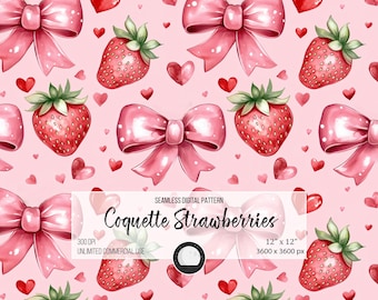 Strawberry Valentine Seamless Pattern: Coquette Floral Design (Digital Download)