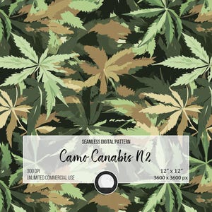 May include: Seamless digital pattern featuring a camouflage design with green and brown cannabis leaves. The pattern is 12 inches by 12 inches and 3600 pixels by 3600 pixels. The text "Camo Canabis N2" is displayed on the pattern.