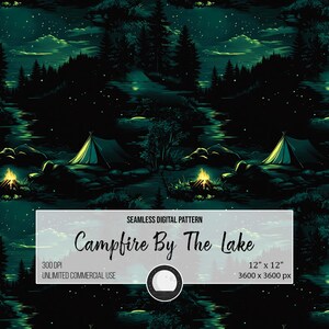 May include: A seamless digital pattern featuring a campfire by the lake at night. The pattern is in shades of green and black with a yellow campfire and white stars. The text "Campfire By The Lake" is included in the image.