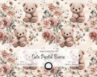 Pastell Teddy Bär Muster: Blümen Baby Stoff (Digitaler Download)