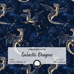 May include: Seamless digital pattern featuring gold dragons flying against a dark blue starry night sky. The pattern is 12 inches by 12 inches and 3600 pixels by 3600 pixels. The pattern is 300 DPI and for unlimited commercial use.