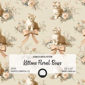 Kätzchen Blumenbögen Muster | Vintage Katze Digitales Papier | Pastell Clipart | 12x12 PNG | Cottagecore Kunsthandwerk, Stoff, Dekor