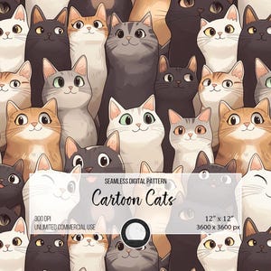 Cute Cartoon Cats Seamless Pattern | Cozy Adorable Design for Wallpaper & Crafts, 300DPI Instant Download, UNLIMITED Commercial Use