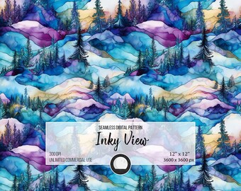 May include: A seamless digital pattern featuring a watercolor landscape with blue, purple, and yellow hues. The pattern depicts a forest of pine trees in front of a mountain range. The text "Inky View" is displayed on a white rectangle.