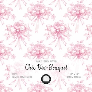 Chic Bow Bouquet Seamless Pattern PNG SVG | Fancy Floral Love Digital Paper for Crafts, Pink Toile Wallpaper & Scrapbook Design