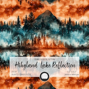 May include: A seamless digital pattern featuring a watercolour illustration of a lake reflecting a mountain and forest scene. The sky is a vibrant orange with white snowflakes falling. The lake is a deep blue with a reflection of the forest and mountain. The text "Highland Lake Reflection" is in the centre of the image.