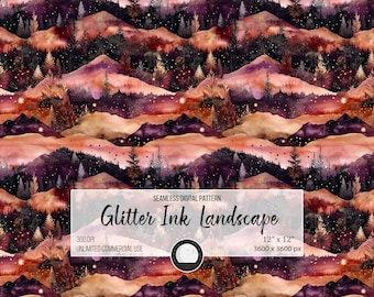 May include: A seamless digital pattern featuring a watercolour landscape with purple, orange, and brown mountains, a starry sky, and a glitter effect. The text "Glitter Ink Landscape" is at the bottom of the image.