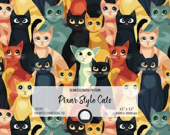 Pixar-stil katter sömlöst mönster: Färgglad djurclipart (12x12 PNG)