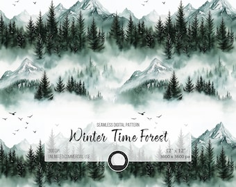 May include: Seamless digital pattern featuring a wintery forest scene with snow-capped mountains, pine trees, and fog. The pattern is 12 inches by 12 inches and 3600 pixels by 3600 pixels. The text "Winter Time Forest" is displayed in the center of the image.