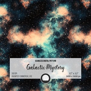 May include: Seamless digital pattern titled "Galactic Mystery." The design features a dark background with a nebula of teal, orange, and white colors, and a scattering of white stars. The pattern is 12 x 12 inches.