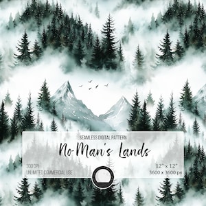 Peut inclure: Un motif numérique sans couture représentant une illustration aquarelle d'une forêt brumeuse avec de grands arbres à feuilles persistantes et des montagnes. Le texte "No Man's Lands" est affiché au centre de l'image.