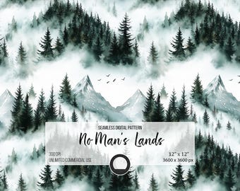 May include: A seamless digital pattern featuring a watercolor illustration of a misty forest with tall evergreen trees and mountains. The text "No Man's Lands" is displayed in the center of the image.