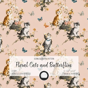 Blumenkatze und Schmetterling nahtlose Muster | Vintage Cottagecore Digitales Papier | Niedliche Frühling Sublimation PNG | Cottagecore Kunsthandwerk, Stoff