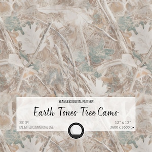 May include: Seamless digital pattern featuring an earth tones tree camo design. The pattern includes beige, brown, and green tones with leaf and branch elements. The design is 12 x 12 inches and suitable for unlimited commercial use.