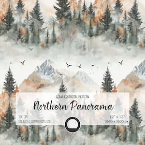 May include: Seamless digital pattern featuring a watercolor illustration of a snowy mountain range with a forest in the foreground. The mountains are painted in shades of blue and gray, with hints of orange and brown. The forest is made up of dark green trees, with a light fog or mist in the background. The pattern is titled "Northern Panorama" and is 12 inches by 12 inches, 3600 pixels by 3600 pixels.