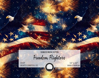 Freedom Fighters Seamless Pattern | American Flag & Eagle Digital Print | Patriotic Fireworks Background