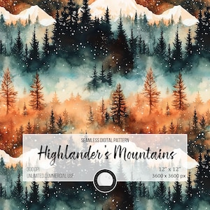 May include: A seamless digital pattern featuring a watercolor illustration of a snowy mountain range with a forest of evergreen trees. The pattern is 12 inches by 12 inches and 3600 pixels by 3600 pixels. The pattern is 300 DPI and has unlimited commercial use.