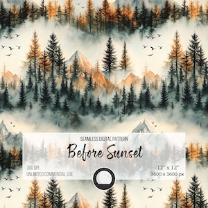 Puede incluir: Un patrón digital sin costuras que presenta una ilustración de acuarela de un bosque brumoso con montañas en el fondo. El bosque está lleno de árboles altos de color verde oscuro y las montañas son de un color naranja cálido. El patrón se titula "Before Sunset" y mide 12 pulgadas por 12 pulgadas.