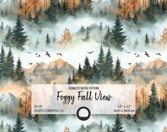 May include: A seamless digital pattern featuring a foggy forest scene with mountains in the background. The pattern is in shades of blue, green, brown, and white, and includes birds flying through the air. The text "Foggy Fall View" is displayed on a white banner.