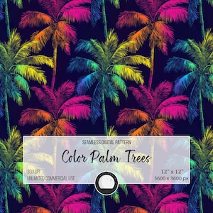 May include: Seamless digital pattern featuring colourful palm trees on a dark blue background. The pattern is 300 DPI and 12 inches by 12 inches, or 3600 pixels by 3600 pixels. It is for unlimited commercial use.
