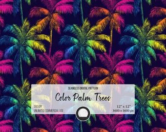Color Palm Trees Seamless Pattern | Neon Tropical Digital Print for Crafts, Sublimation, Wallpaper, and Crafts, 300DPI Instant Download
