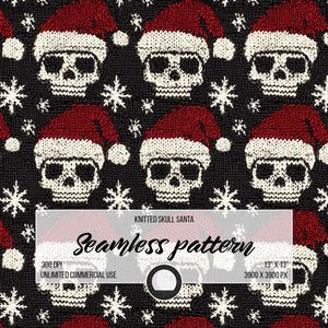 May include: A seamless pattern featuring white skull faces wearing red Santa hats on a black background, interspersed with white snowflakes. The text "KNITTED SKULL SANTA" and "Seamless pattern" are also visible.