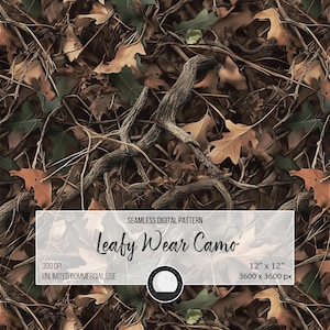 May include: Seamless digital pattern featuring a camouflage design with brown, green, and tan leaves and branches. The pattern is called "Leafy Wear Camo" and is 12 inches by 12 inches, 3600 pixels by 3600 pixels, and 300 DPI.