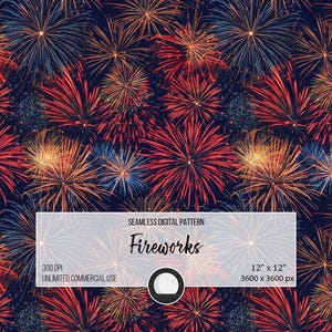 Puede incluir: Un patrón digital sin costuras que presenta una vibrante exhibición de fuegos artificiales rojos, blancos y azules sobre un fondo azul oscuro. El patrón mide 12 pulgadas por 12 pulgadas y 3600 píxeles por 3600 píxeles.