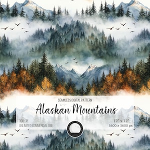 Peut inclure: Un motif numérique sans couture représentant une illustration aquarelle de montagnes d'Alaska avec une forêt brumeuse au premier plan. Le motif mesure 12 pouces sur 12 pouces et 3600 pixels sur 3600 pixels. Le motif est de 300 DPI et est destiné à un usage commercial illimité.