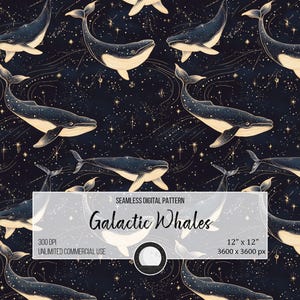 Pode incluir: Padrão digital sem costura que apresenta um design repetitivo de baleias nadando em um céu noturno estrelado. As baleias são delineadas em ouro e têm um esquema de cores azul e branco. O fundo é azul escuro com estrelas douradas e linhas em espiral.