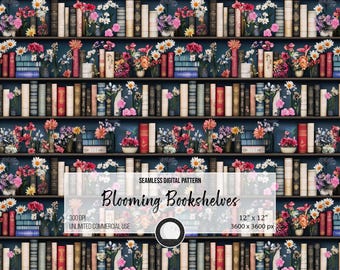 Floral Bookshelves Seamless Pattern: Vintage Library Design (Digital Download)