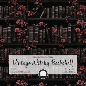 May include: A seamless digital pattern featuring a vintage bookshelf filled with dark brown books and adorned with red flowers. The text "Vintage Witchy Bookshelf" is displayed on a white banner.
