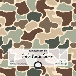 Puede incluir: Un patrón digital sin costuras con un diseño de camuflaje de pato pálido. El patrón presenta formas irregulares en tonos marrón, verde y beige sobre un fondo crema. La imagen incluye el texto "Pale Duck Camo" y "12 x 12 pulgadas" (30,48 x 30,48 cm).