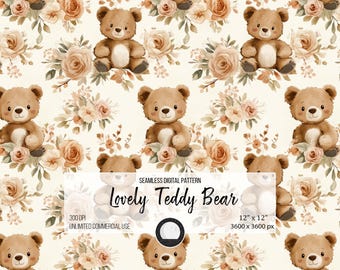 Watercolor Teddy Bear Seamless Pattern: Nursery Fabric Design (Digital Download)