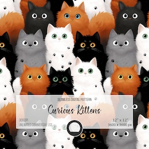 Curious Kittens Seamless Pattern | Cute Cat Digital Paper | Whimsical Pet Background | 12x12 PNG Clipart | Cat Lover Sublimation Print