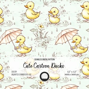 May include: A seamless digital pattern featuring cute cartoon ducks in a light blue background with raindrops and flowers. The ducks are yellow with pink bows and some are holding pink umbrellas. The text "Cute Cartoon Ducks" is in the centre of the image.