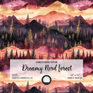 Puede incluir: Un patrón digital sin costuras que presenta una escena de bosque de ensueño con montañas de color púrpura oscuro, acentos dorados y un cielo estrellado. El texto "Dreamy Nord forest" se muestra en el centro de la imagen.