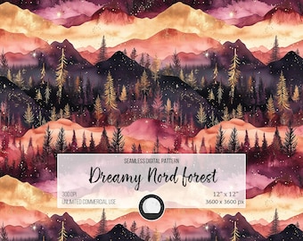May include: A seamless digital pattern featuring a dreamy forest scene with dark purple mountains, gold accents, and a starry sky. The text "Dreamy Nord forest" is displayed in the centre of the image.