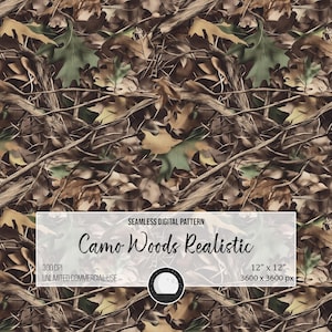 Könnte beinhalten: Ein nahtloses digitales Muster mit einem realistischen Camo-Woods-Design. Das Muster umfasst braune, grüne und beige Blätter und Äste. Das Bild ist 30,48 cm x 30,48 cm und 3600 x 3600 px groß.