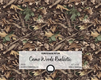 Realistic Woodland Camo Seamless Pattern | Digital Forest Camouflage Paper | Rustic Leaves & Branches Texture PNG