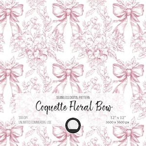Coquette Pink Coquette Bow Seamless Pattern PNG SVG | Fancy Floral Love Digital Paper for Crafts, Pink Toile Wallpaper & Scrapbook Design