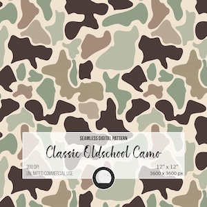 May include: Seamless digital pattern featuring a classic oldschool camo design. The pattern includes irregular shapes in shades of brown, green, and tan, set against a neutral background. The design is 12" x 12" and suitable for unlimited commercial use.