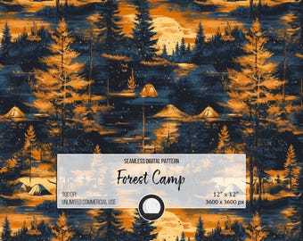 May include: A seamless digital pattern featuring a forest scene in shades of orange and blue. The pattern includes silhouettes of trees, a full moon, and camping tents. The text "Forest Camp" is displayed on a white banner.