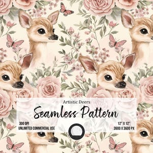 Artistic Deer and Floral Seamless Pattern | Cute Baby Deer Digital Paper | Watercolor Flowers & Forest Animals PNG