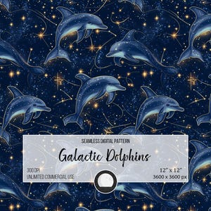 May include: Seamless digital pattern featuring blue dolphins swimming in a starry night sky. The background is a dark blue with gold stars and constellations. The dolphins are a light blue with white bellies. The pattern is 12 inches by 12 inches and 3600 pixels by 3600 pixels.