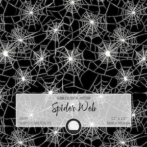 May include: A seamless digital pattern featuring a white spider web on a black background. The pattern is 12 inches by 12 inches and is 3600 pixels by 3600 pixels. The pattern is for unlimited commercial use.