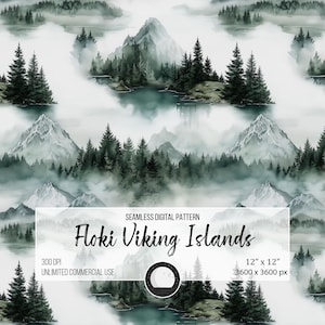 Könnte beinhalten: Nahtloses digitales Muster mit einer nebeligen Waldlandschaft mit schneebedeckten Bergen und immergrünen Bäumen. Das Muster trägt den Titel "Floki Viking Islands" und ist 12 Zoll mal 12 Zoll groß, 3600 Pixel mal 3600 Pixel und hat 300 DPI.