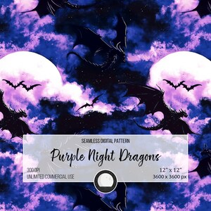 Purple Night Dragons Seamless Pattern: Fantasy Fabric Design (Digital Download)