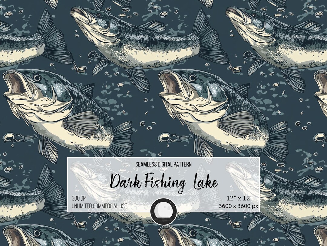 Bass Fishing Lake Seamless Pattern: Dark Water Digital Paper (300 DPI ...