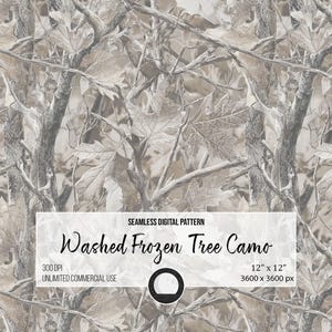 May include: Seamless digital pattern featuring a Washed Frozen Tree Camo design. The pattern includes a detailed illustration of tree branches and leaves in shades of gray and beige. The design is 12" x 12" and suitable for unlimited commercial use.